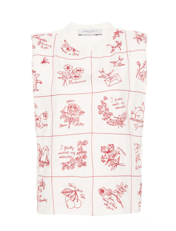 Golden Goose aged sleeveless t-shirt with red embroidery on the front