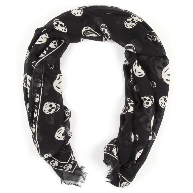 Alexander McQueen Black & White Silk Blend Skull Print Scarf