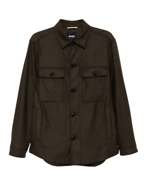 BOSS shirt jacket in olive brown with front button fastening