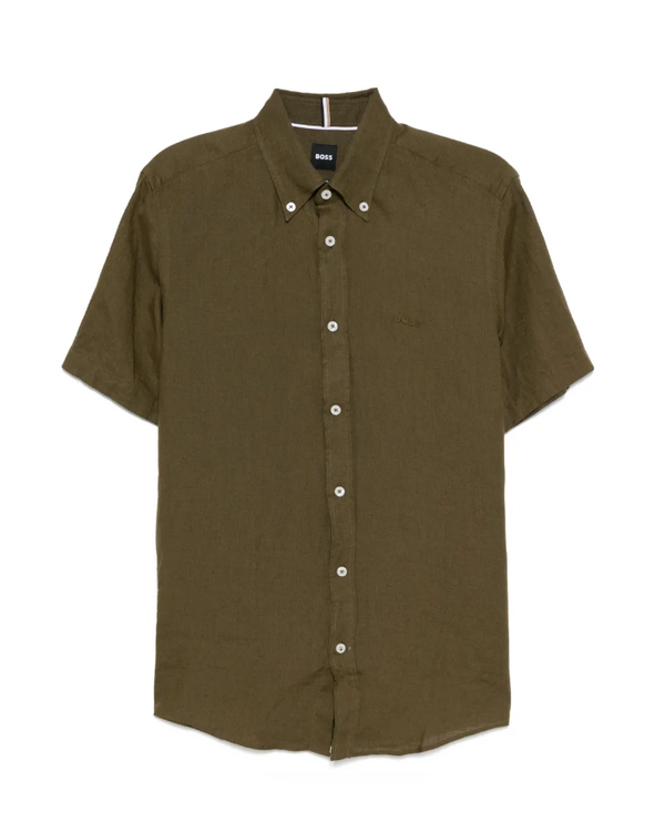 BOSS green logo-embroidered linen shirt