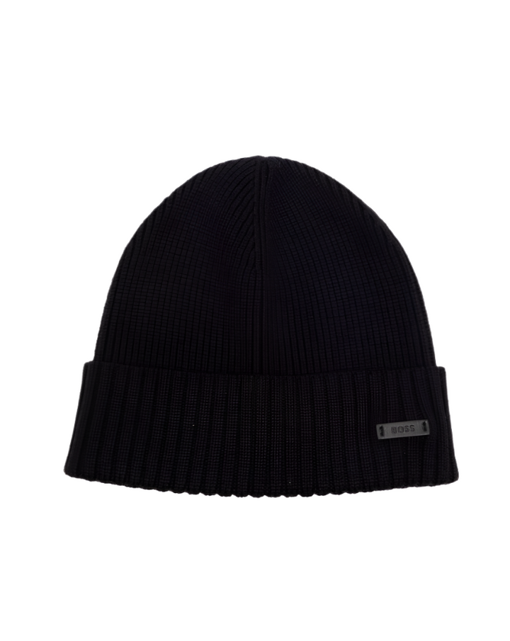 BOSS navy raschel-knit beanie in virgin wool