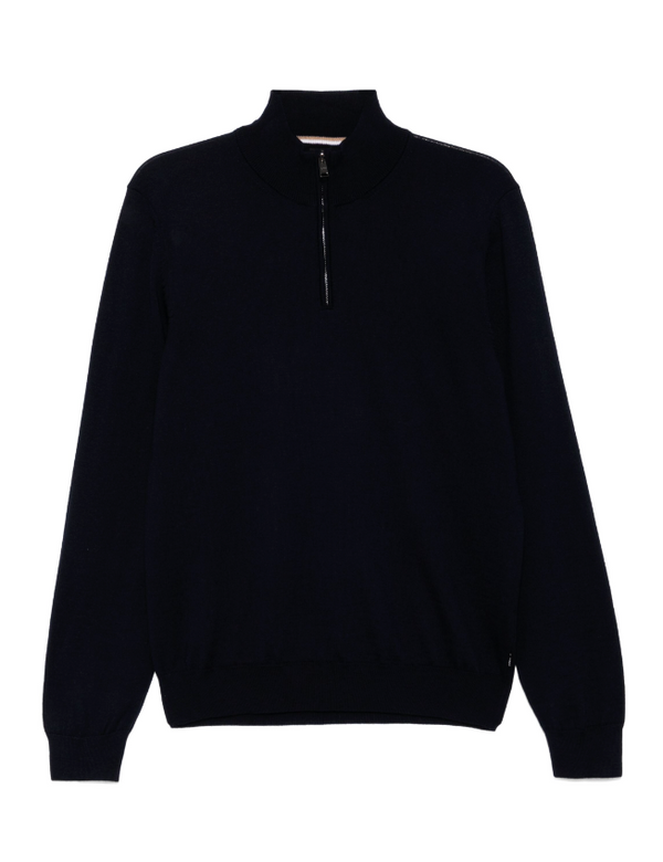 BOSS navy zip-neck sweater in virgin wool