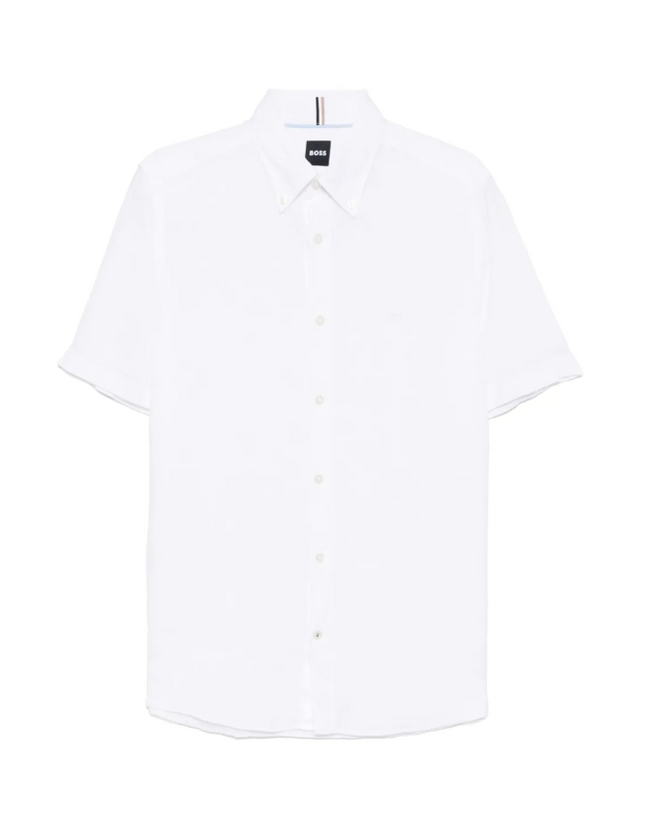 BOSS white logo-embroidered linen shirt