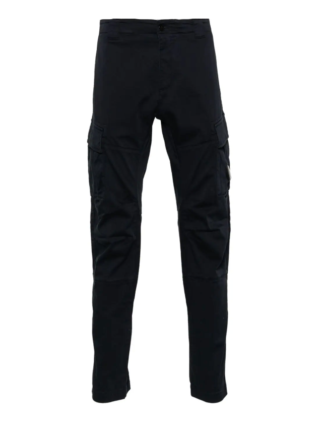 A pair of blue Stretch Sateen Cargo Pants with multiple pockets and a button and zip fastening.