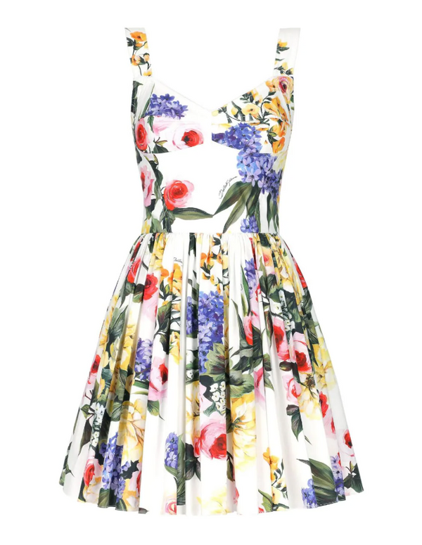 A short corset dress with a garden print, featuring a sleeveless design and a flared skirt.