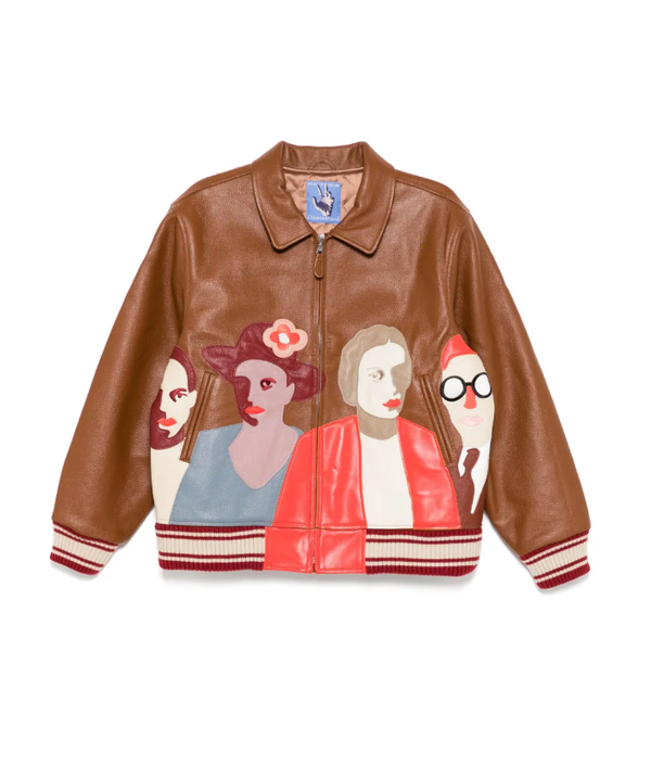 KidSuper patchwork portraits leather varsity jacket