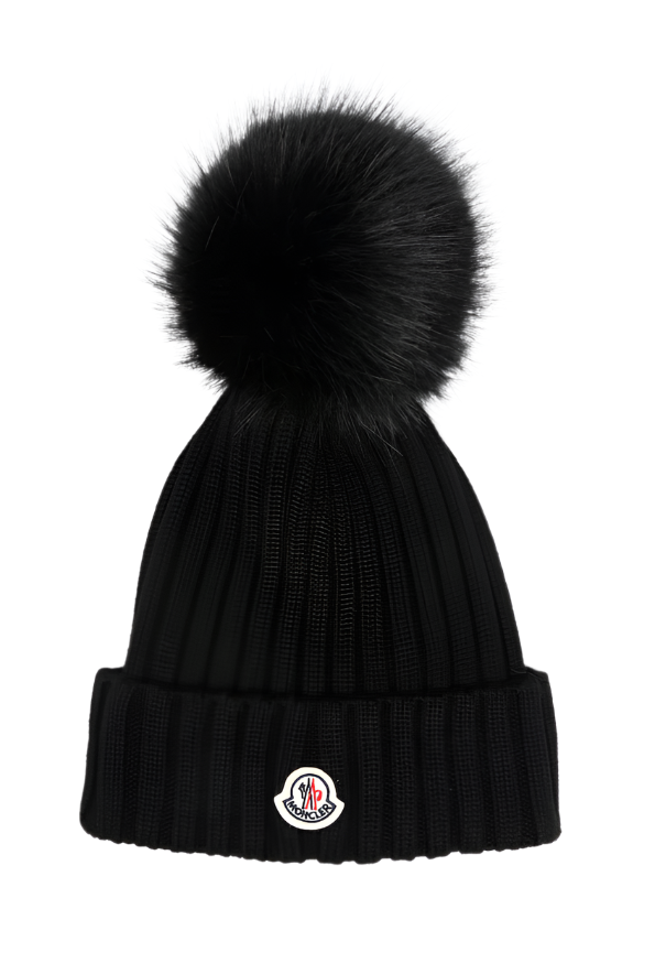 Moncler black wool beanie with pom pom