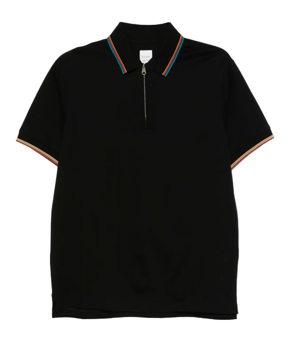 Paul Smith Black Cotton 'Signature Stripe' Trim Zip Polo Shirt