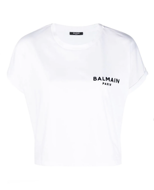 Balmain Flocked Balmain Paris cropped T-Shirt