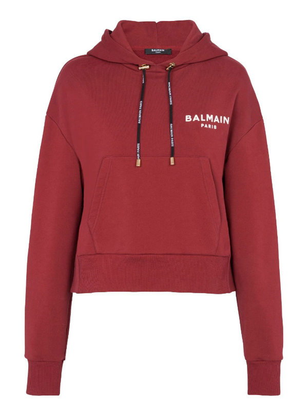 Balmain flocked-logo cropped hoodie