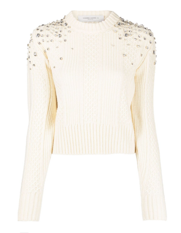 Golden Goose cropped sweater in white wool with crystals