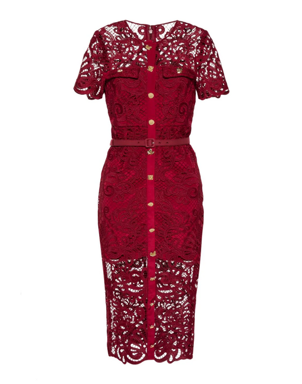 Self-Portrait red Guipure lace button midi dress