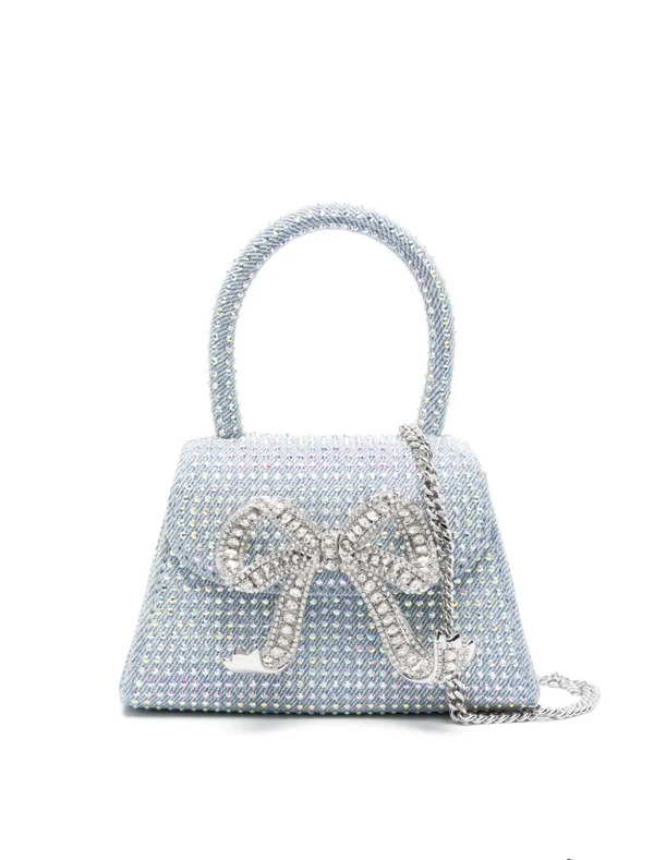 Self-Portrait blue rhinestone denim micro bow bag