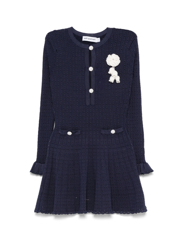 Self-Portrait navy knit crochet flower mini dress