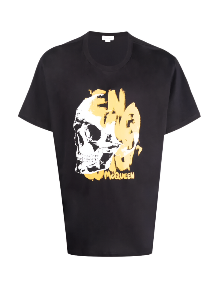 Black t-shirt with a gold and white skull design and text on a white background