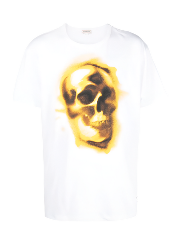 White t-shirt with a yellow skull design on a computer screen