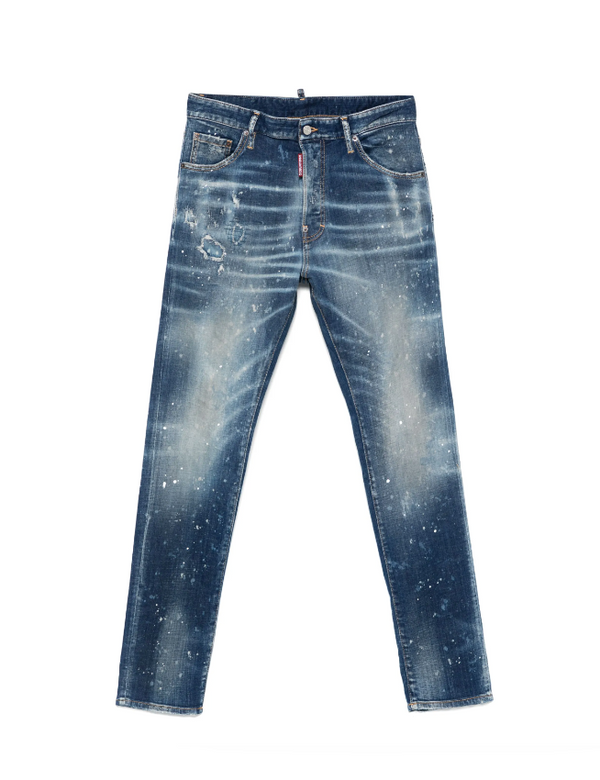 Pair of distressed blue jeans on a white background