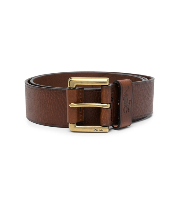Brown leather belt with gold buckle on a white background