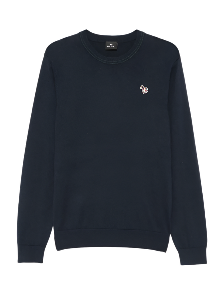 Navy blue sweatshirt with a small embroidered design on a white background