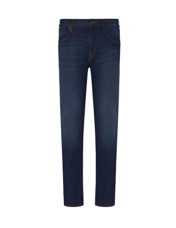 Pair of dark blue jeans on a white background