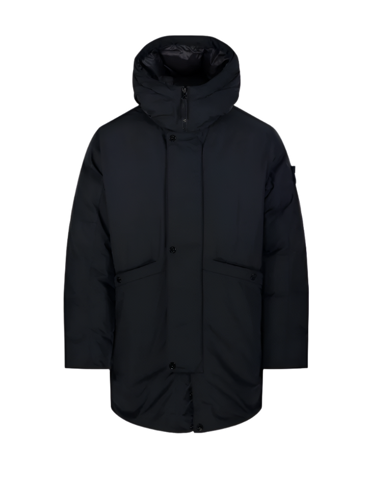 Black puffer jacket on a white background