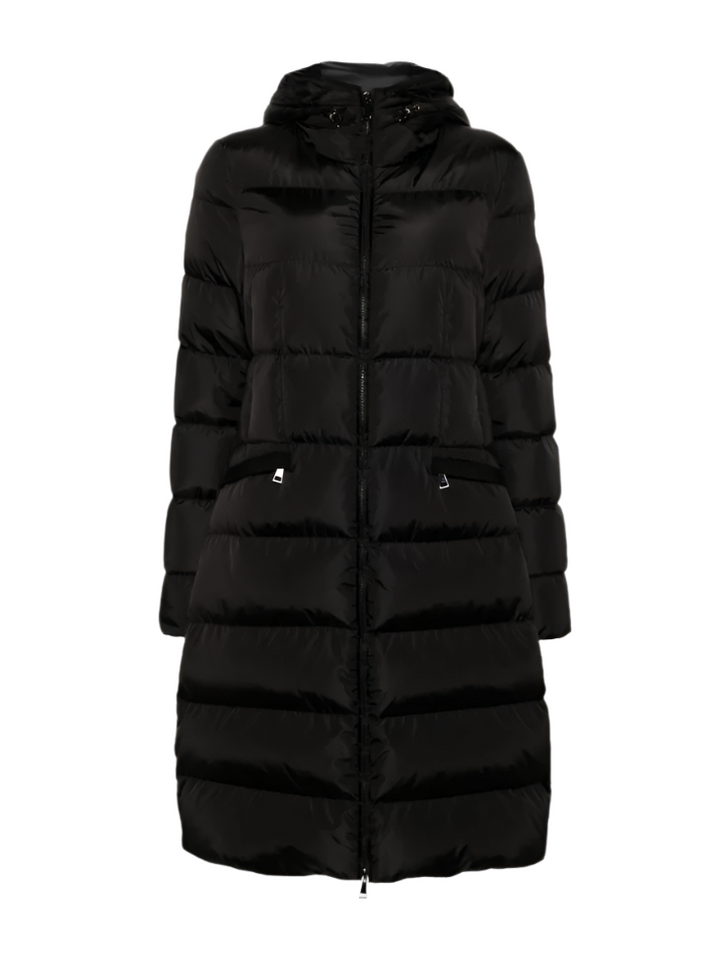 Black puffer coat on a white background
