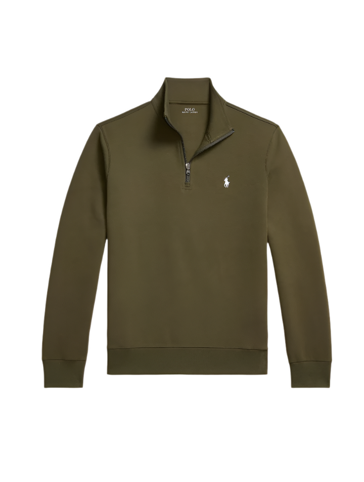 Green pullover with a small logo on a white background