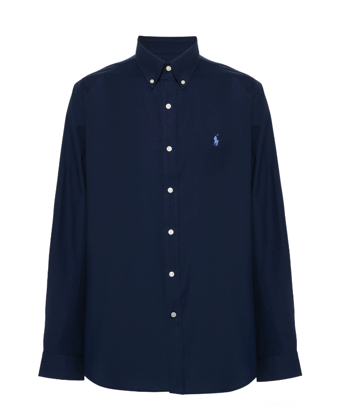Navy blue shirt with a small logo on a white background
