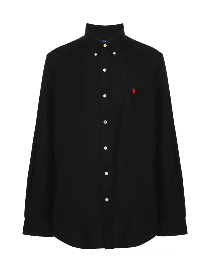 Black shirt with a red logo on a white background