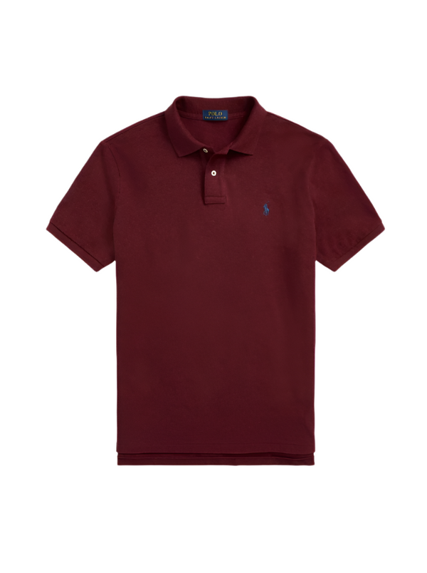 Maroon polo shirt with a brand logo on a white background