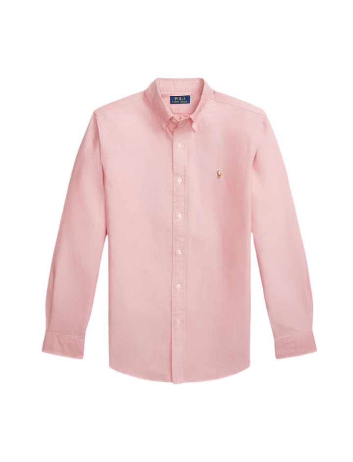 Pink shirt with a brand logo on a white background