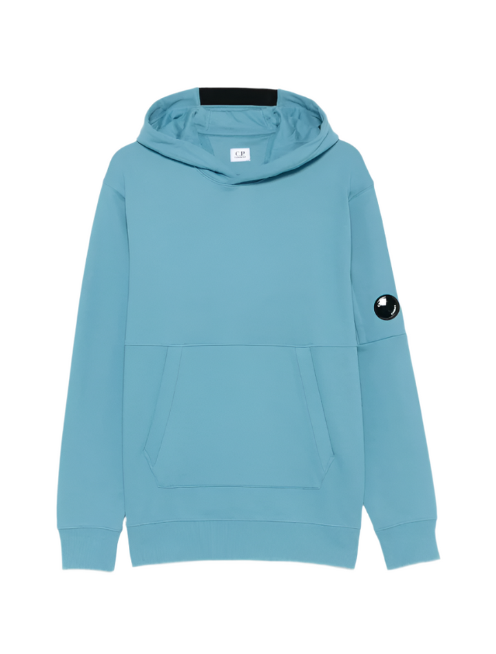 Blue hoodie with a black circular logo on a white background