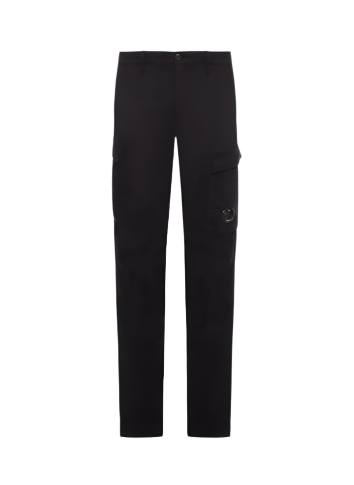 Black pants with a brand logo on a white background