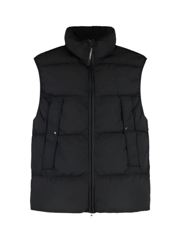 Black puffer vest on a white background