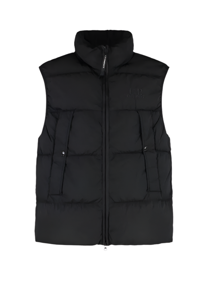 Black puffer vest on a white background