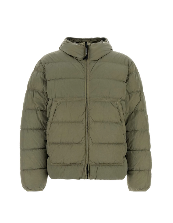 Green puffer jacket on a white background