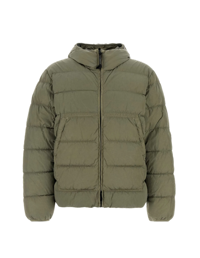 Green puffer jacket on a white background