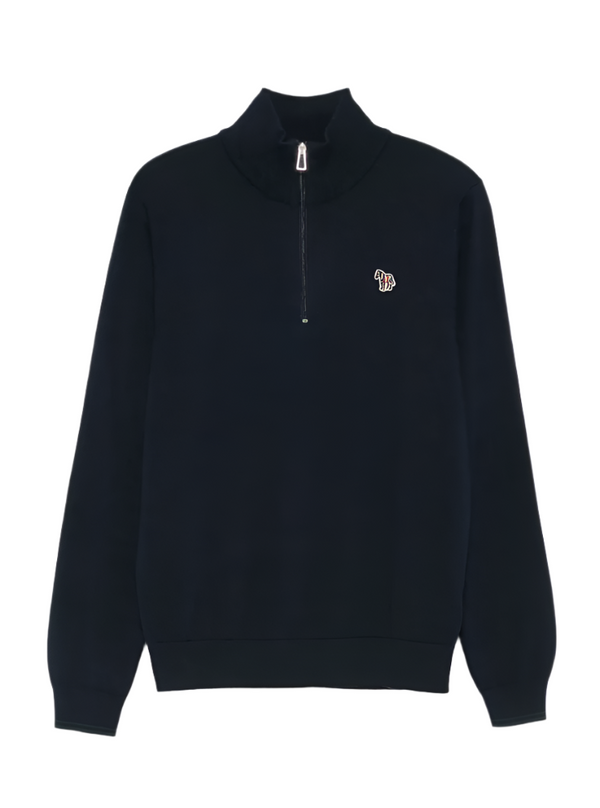 Blue half-zip sweater with a small logo on a white background