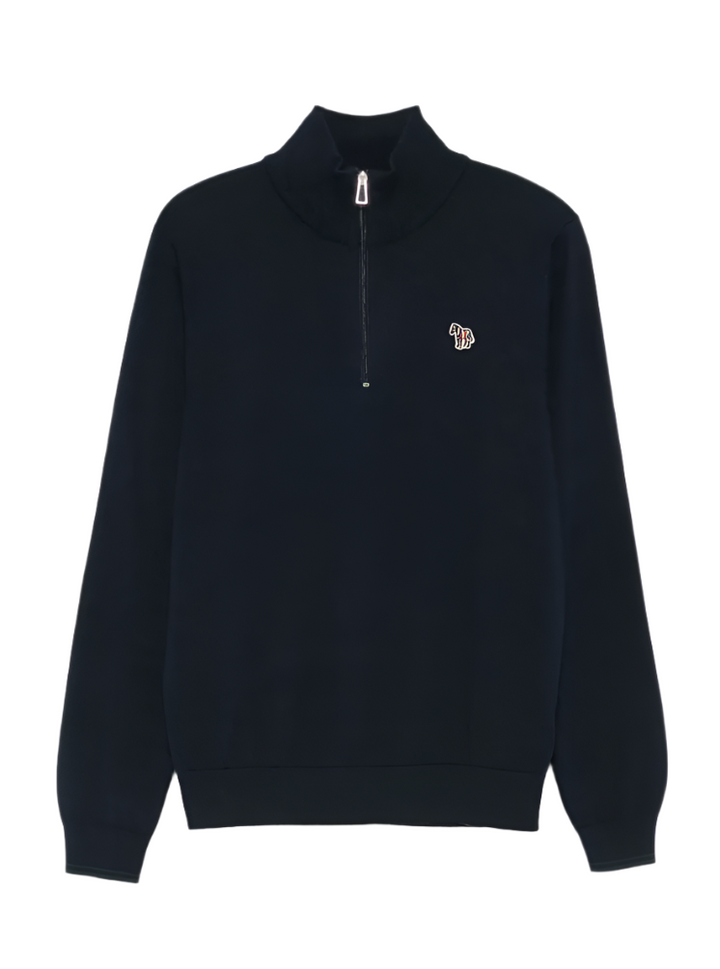 Blue half-zip sweater with a small logo on a white background