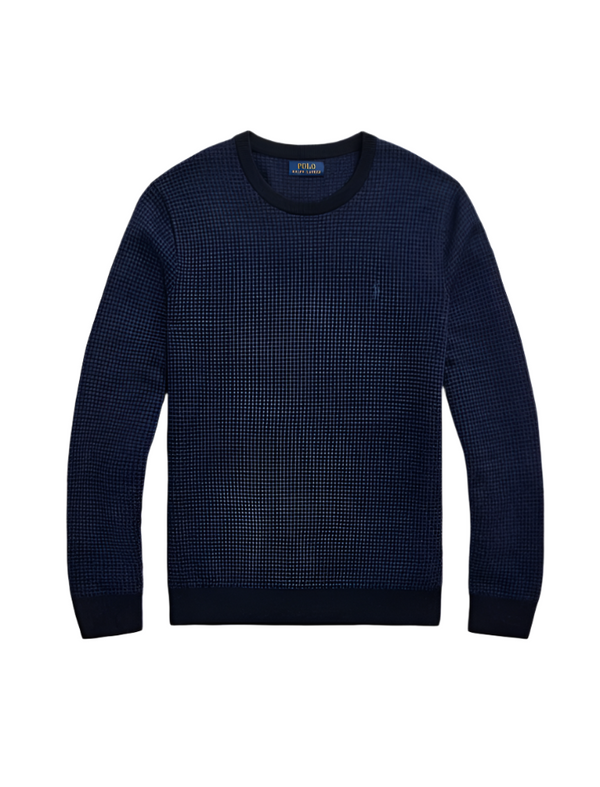 Navy blue sweater with a brand logo on a white background