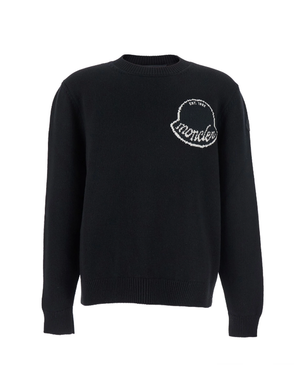 Black sweater with a white logo on a white background