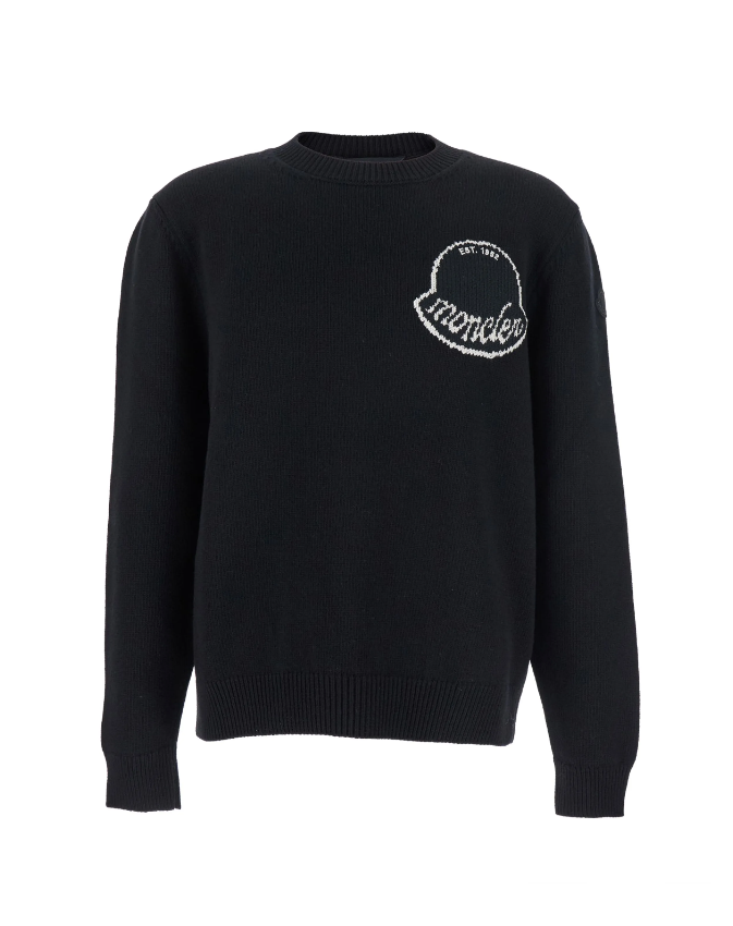 Black sweater with a white logo on a white background