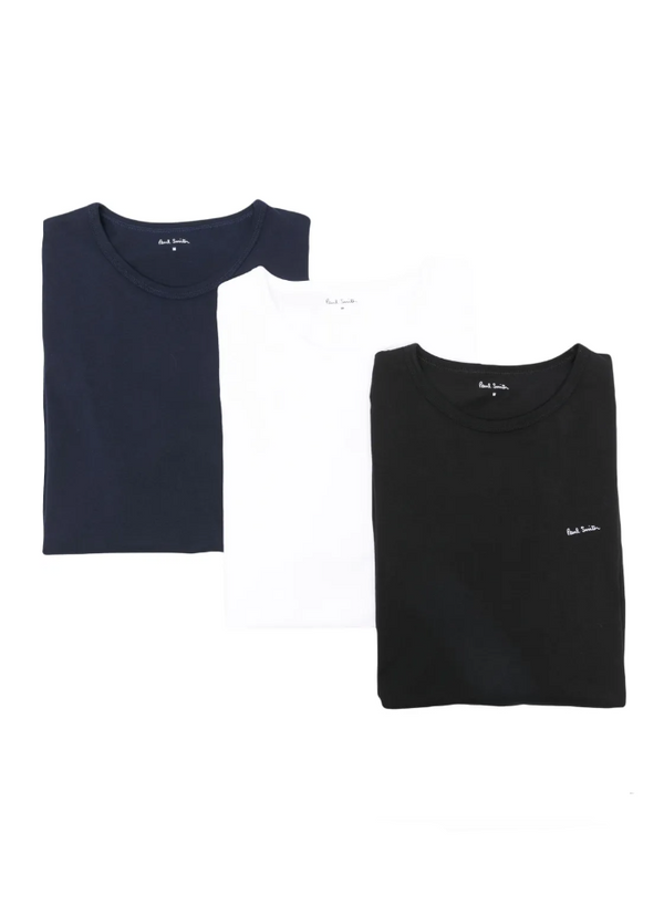 Two folded t-shirts, one navy and one black, with a brand logo on a white background.