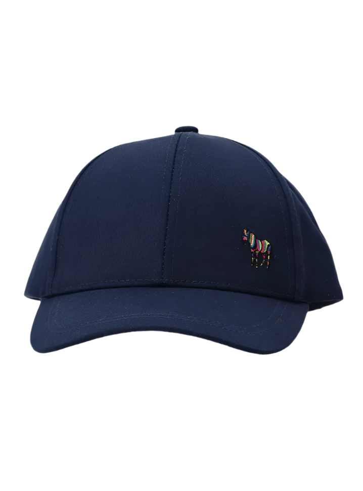 Navy blue cap with a small embroidered design on a white background