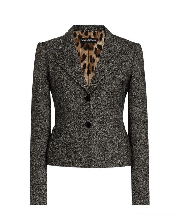 Gray blazer with a leopard print collar on a white background