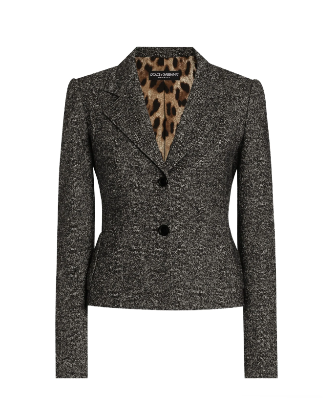 Gray blazer with a leopard print collar on a white background