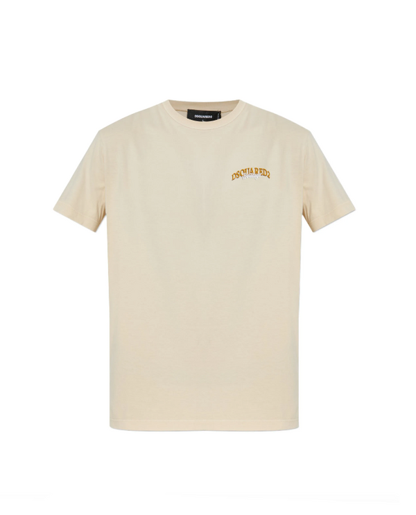 Beige t-shirt with a brand logo on a white background