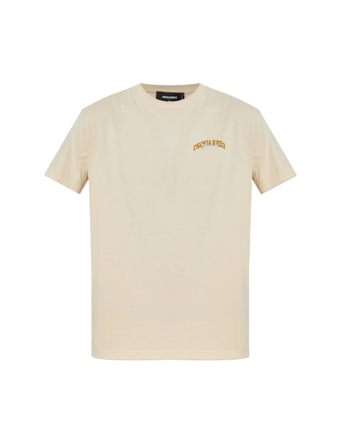 Beige t-shirt with a brand logo on a white background