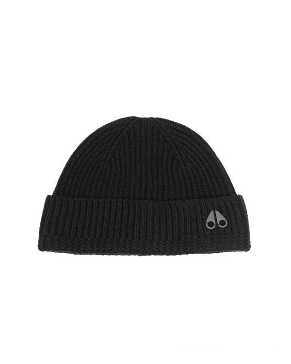 Black beanie with a logo on a white background