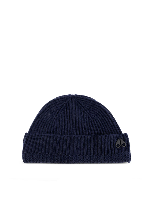 Navy blue beanie with a brand logo on a white background